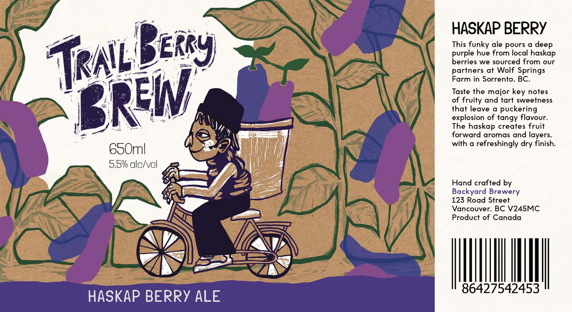 Backyard brewery haskap berry ale label design with an illustration of a little guy biking through a haskap berry bush