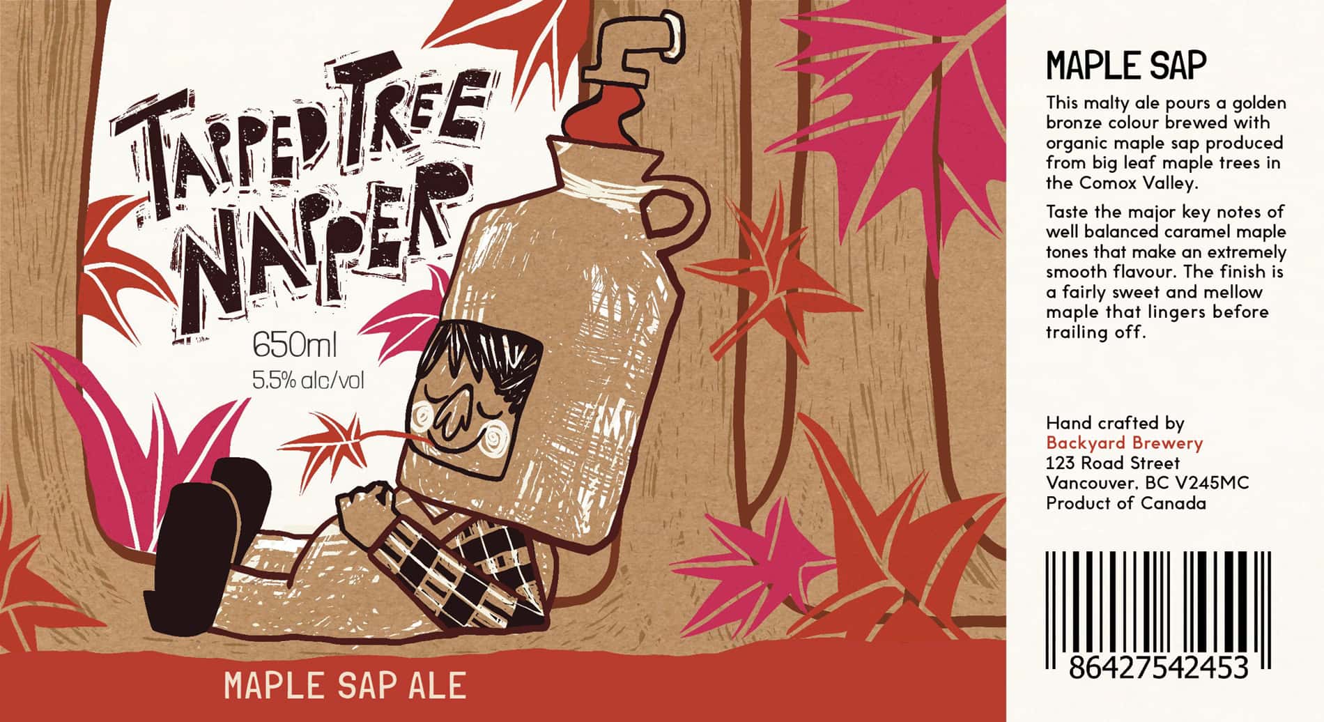 Backyard brewery maple sap ale label design with an illustration of a farmer sleeping against a maple tree