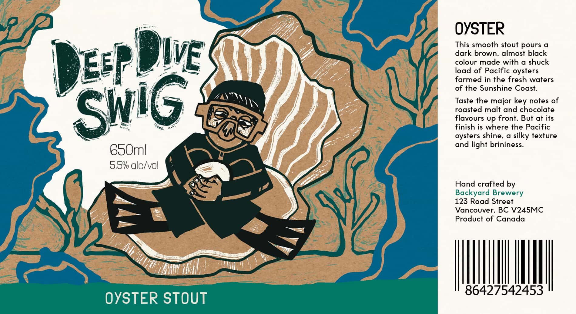 Backyard brewery oyster stout label design with an illustration of a scuba diver underwater holding a pearl while sitting inside an oyster