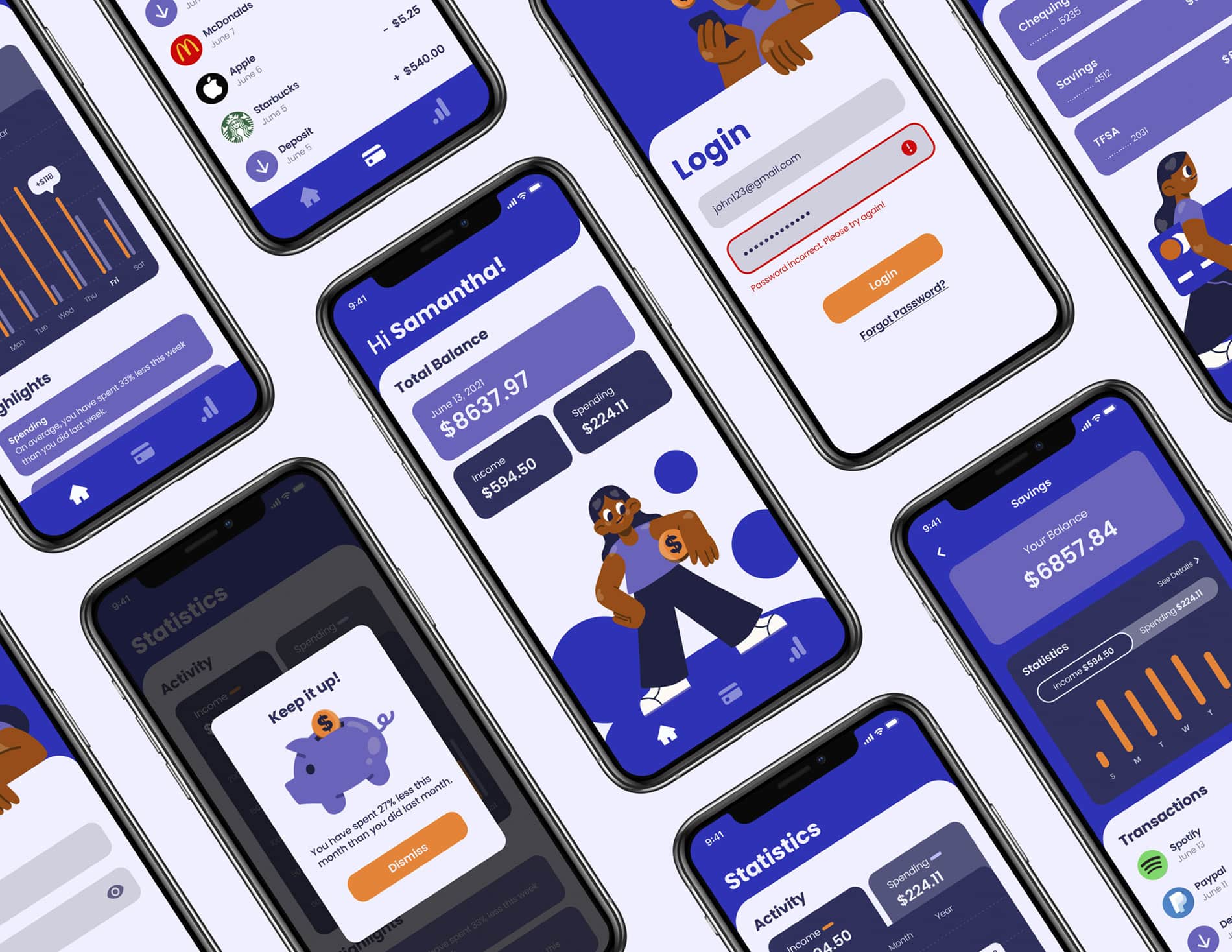 Forwo financial app overview of multiple phone mockup screens in an isometric grid
