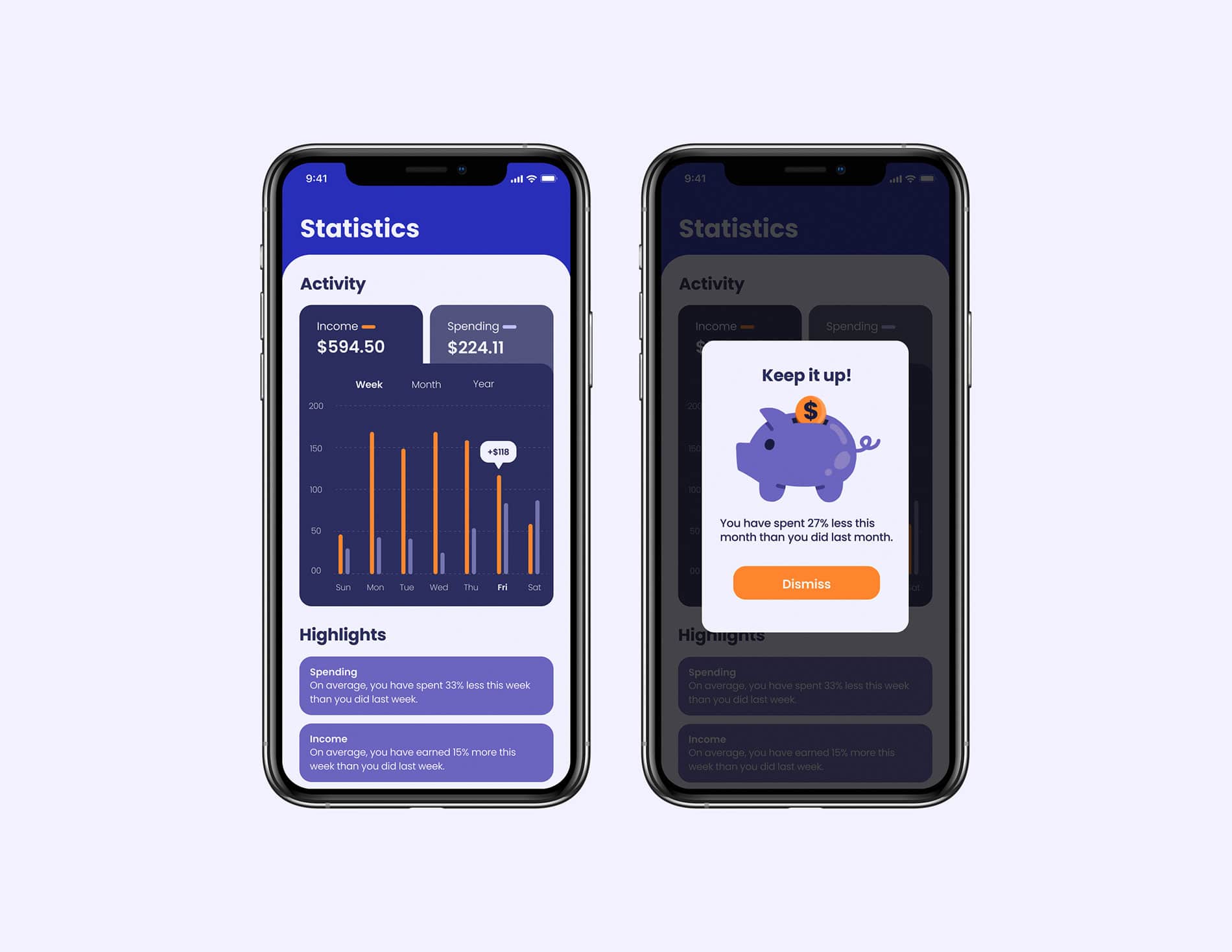 Forwo financial app phone mockups of the statistics and dialogue box screen with an illustrated purple piggy bank