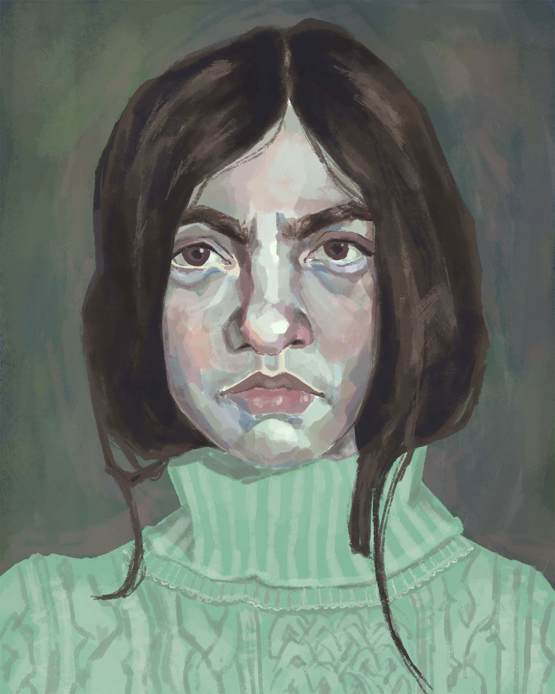 Digital portrait of an irked girl in a green turtleneck sweater