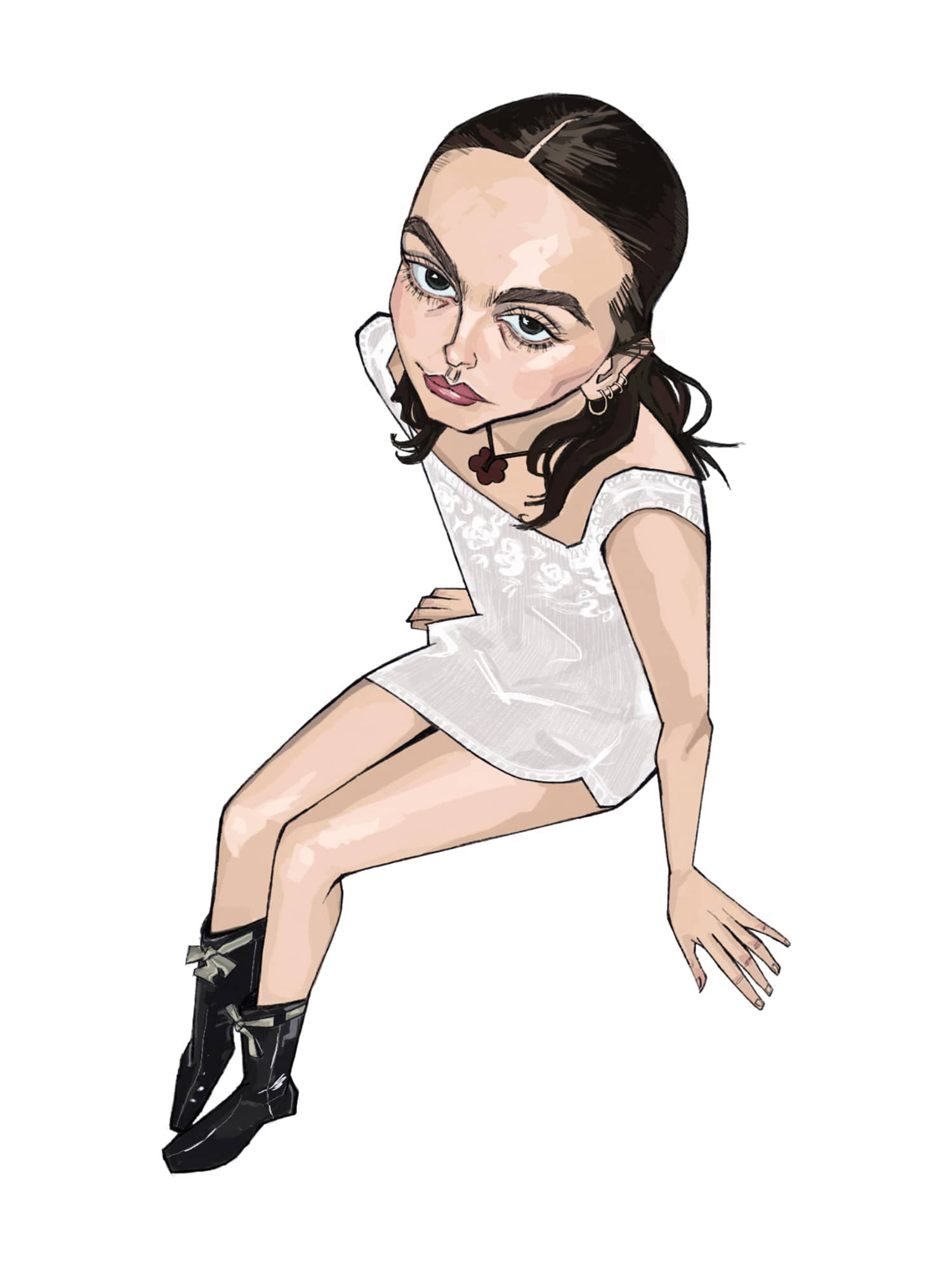 Digital illustration of girl in a white dress and black boots from a high perspective angle