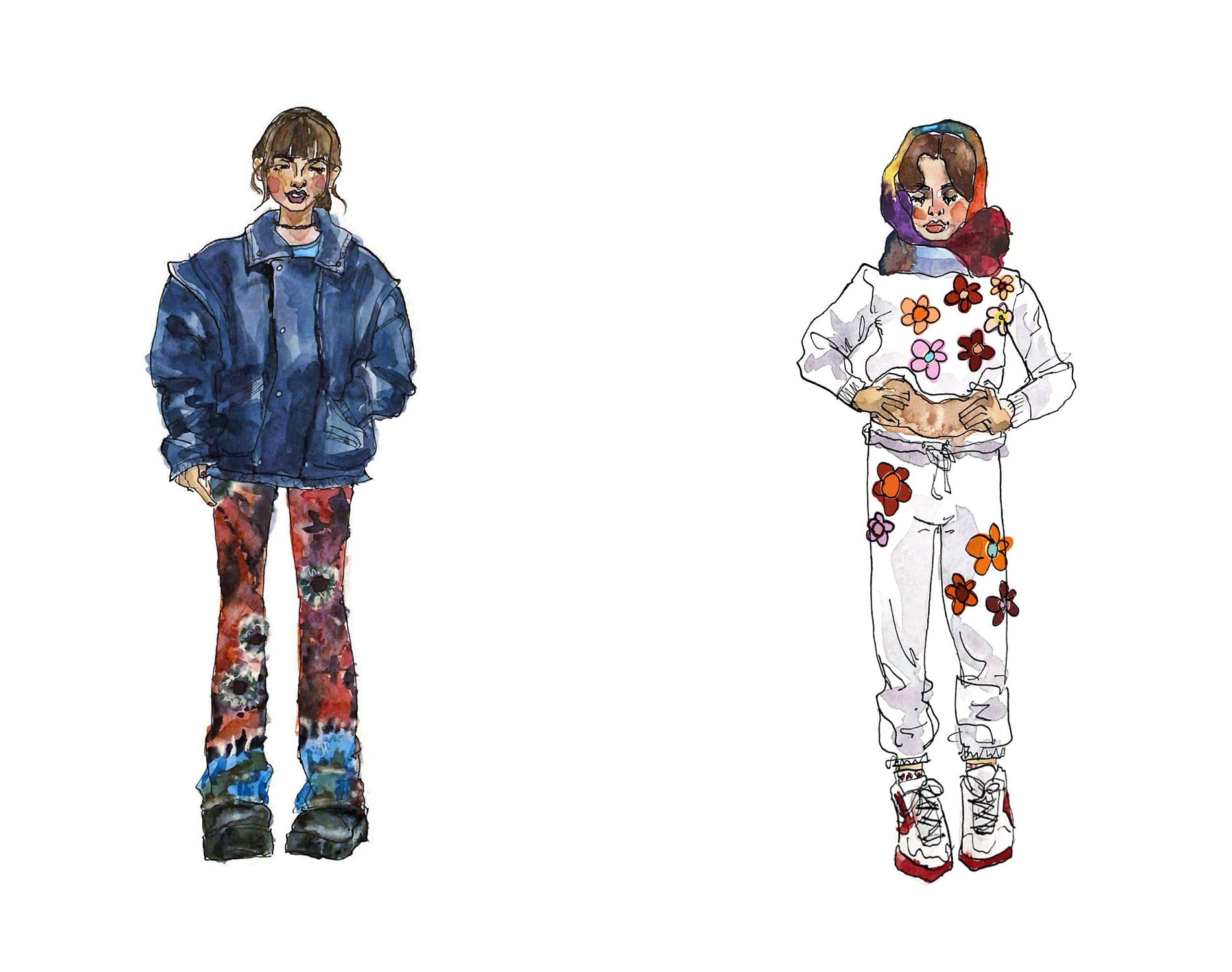 Ink and watercolour drawing of 2 girls with colourful clothing
