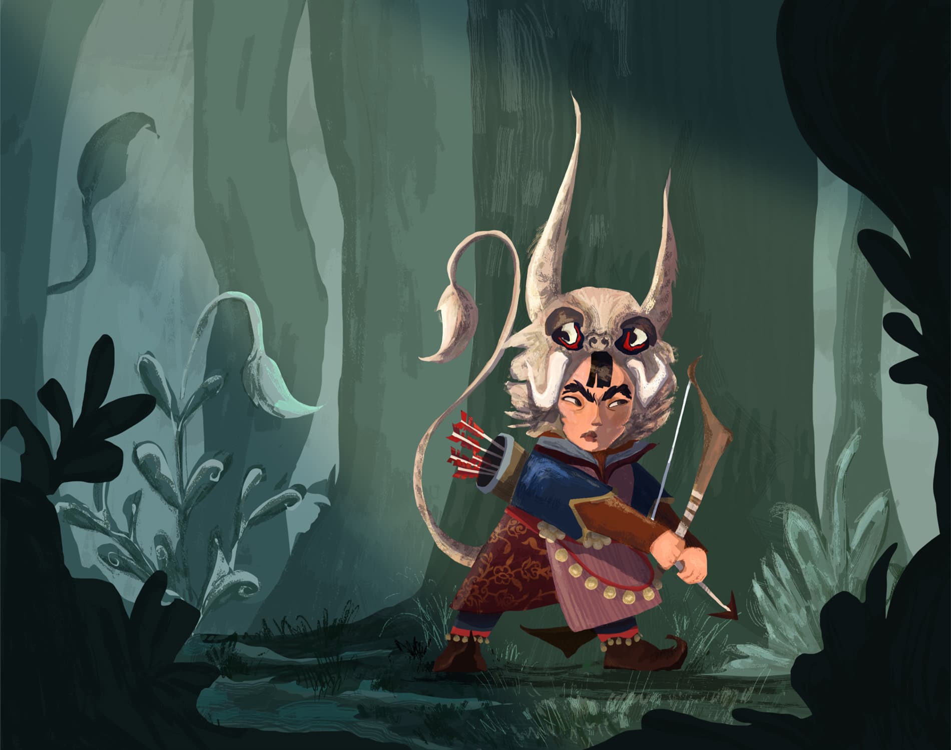 Character design illustration of a little warrior holding a bow and arrow in the forest