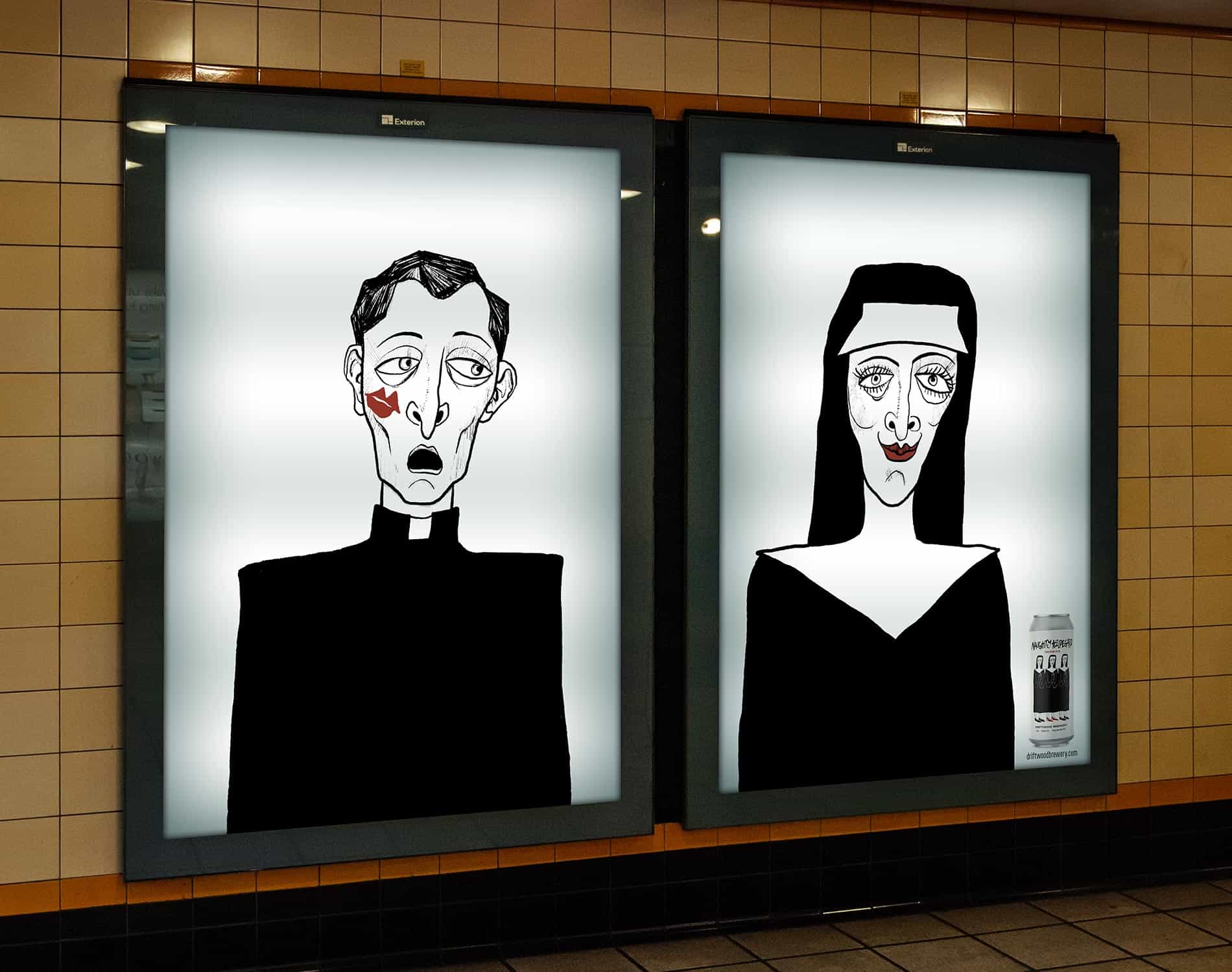 Naughty Hildegard beer promotion campaign illustrated posters in subway station of priest with red kiss mark on his cheek and nun with red lipstick