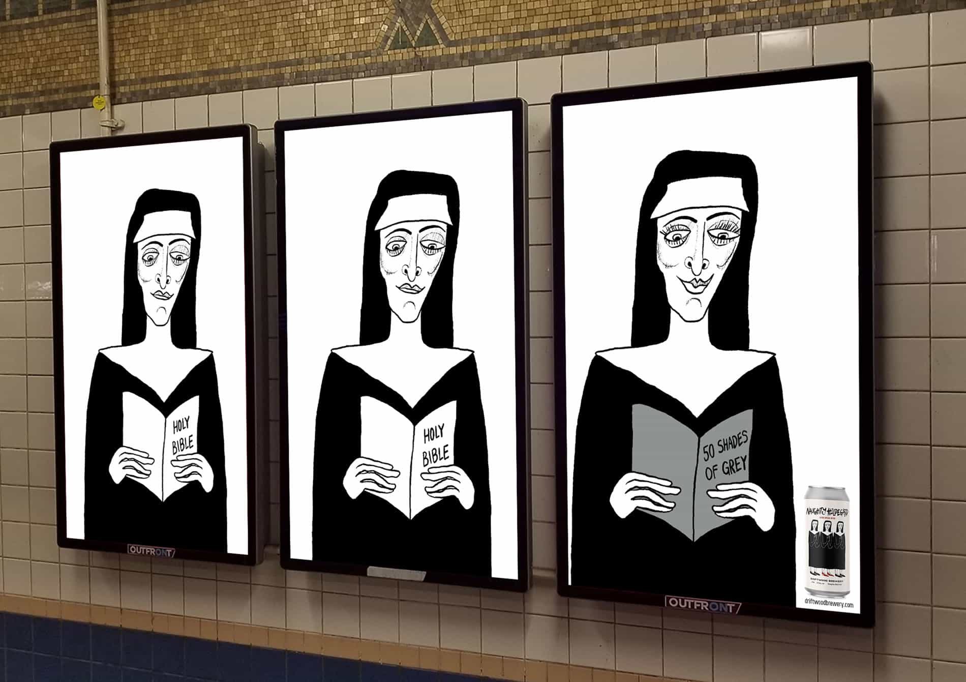 Naughty Hildegard beer promotion campaign illustrated posters in subway station of 3 nuns holding books, 2 nuns are reading the bible and the other is reading 50 shades of gray