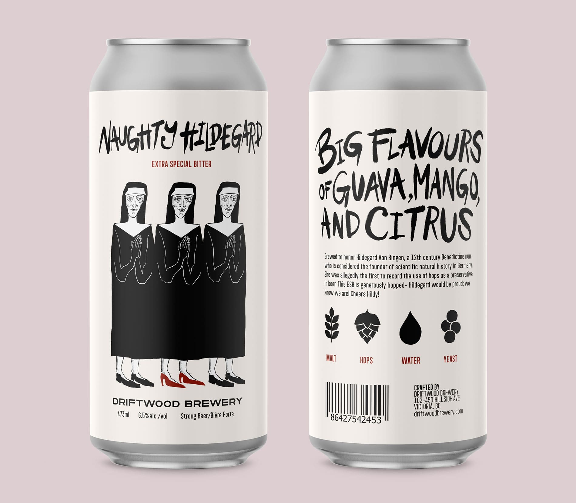 Naughty Hildegard beer can design with an illustration of 3 nuns beside each other, the nun in the middle is wearing red heels while the others are in black shoes