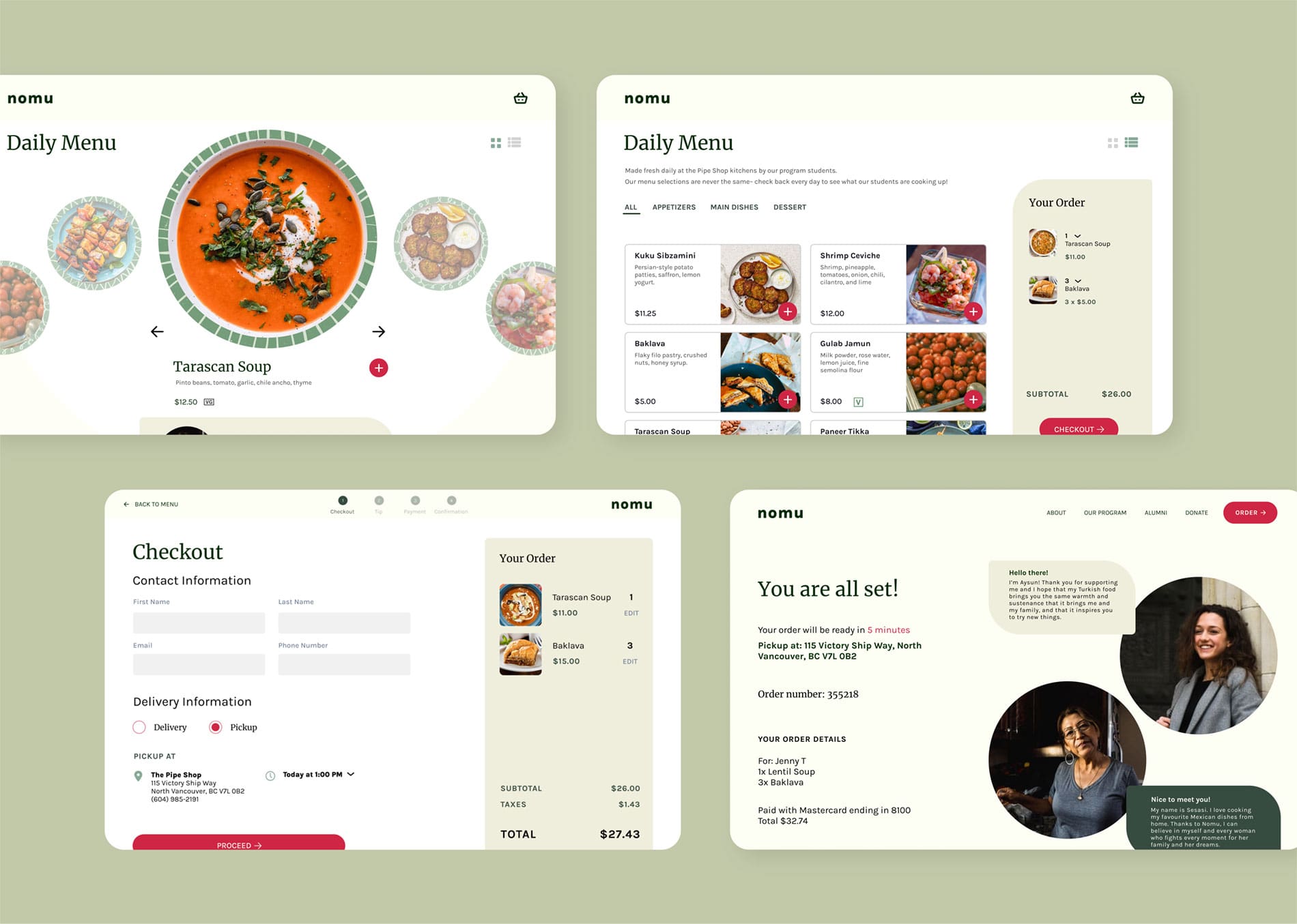 Nomu social enterprise website 4 screens of the menu checkout flow 