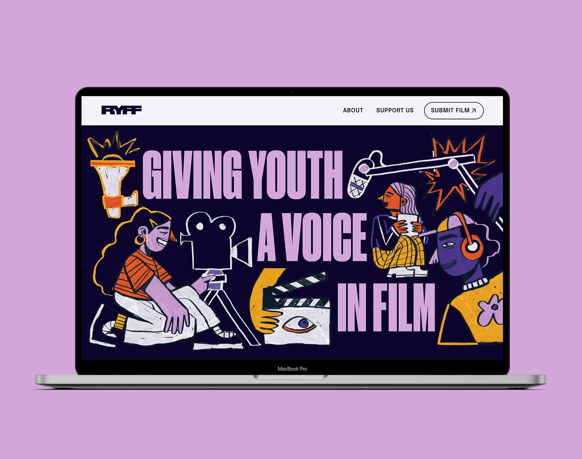 Reel Youth Film Festival website hero page laptop mockup with illustration of teenagers using film equipment and message that says Giving Youth A Voice In Film