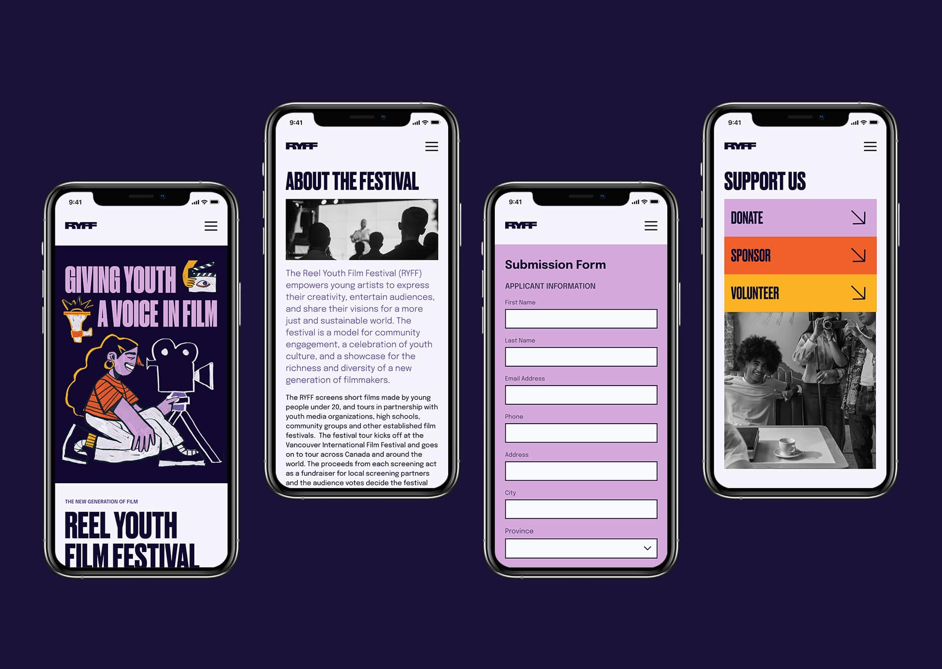 4 mobile phone mockup screens of the Reel Youth Film Festival website